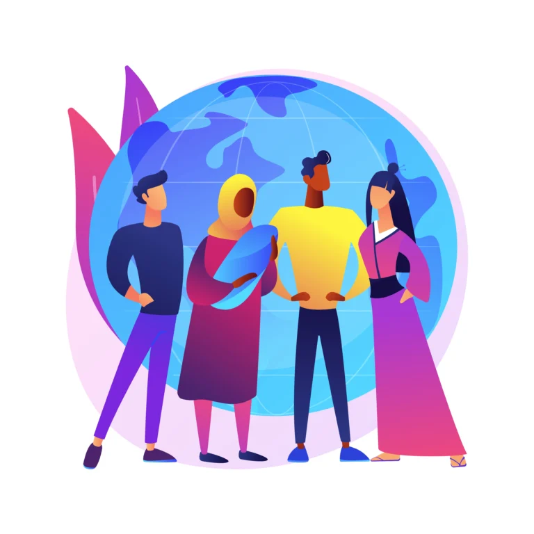 Personnes de différentes cultures devant un globe, illustrant l’expatriation et l’interculturalité
